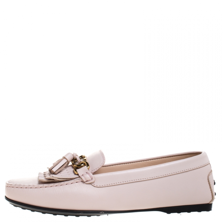 Pre Owned Tod's Pink Leather Double T Chain, Tassel And Fringe Detail Loafers Size 40