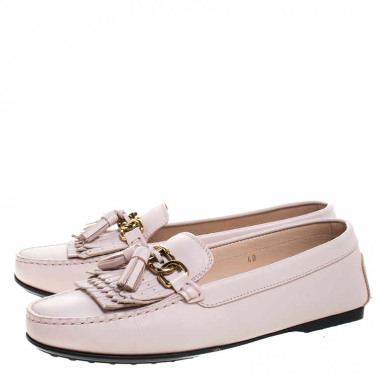 Pre Owned Tod's Pink Leather Double T Chain, Tassel And Fringe Detail Loafers Size 40