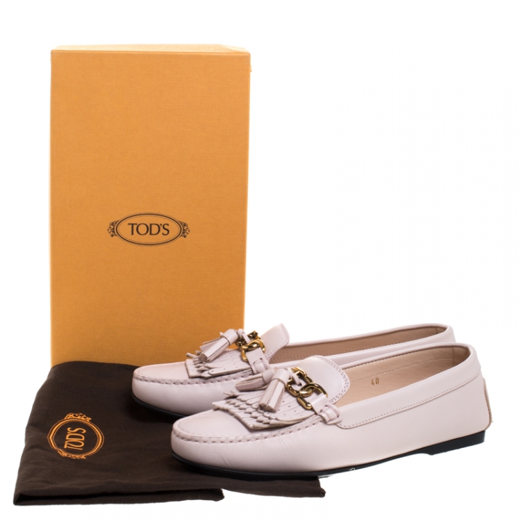 Pre Owned Tod's Pink Leather Double T Chain, Tassel And Fringe Detail Loafers Size 40