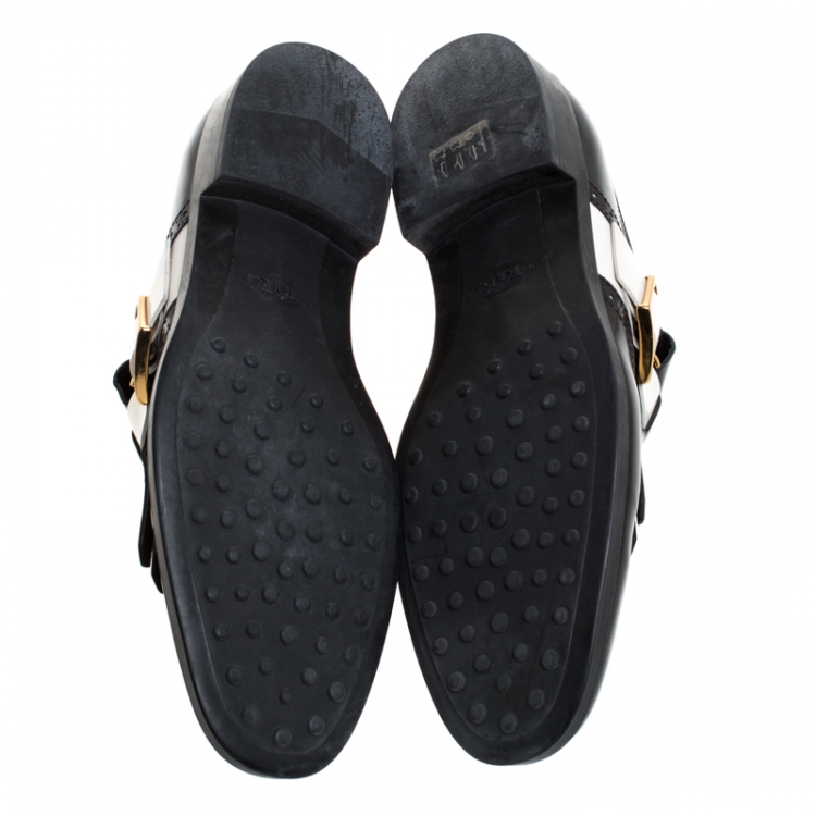 Pre Owned Tod's Black/White Leather Fringe Brogue Monk Strap Loafers Size 39