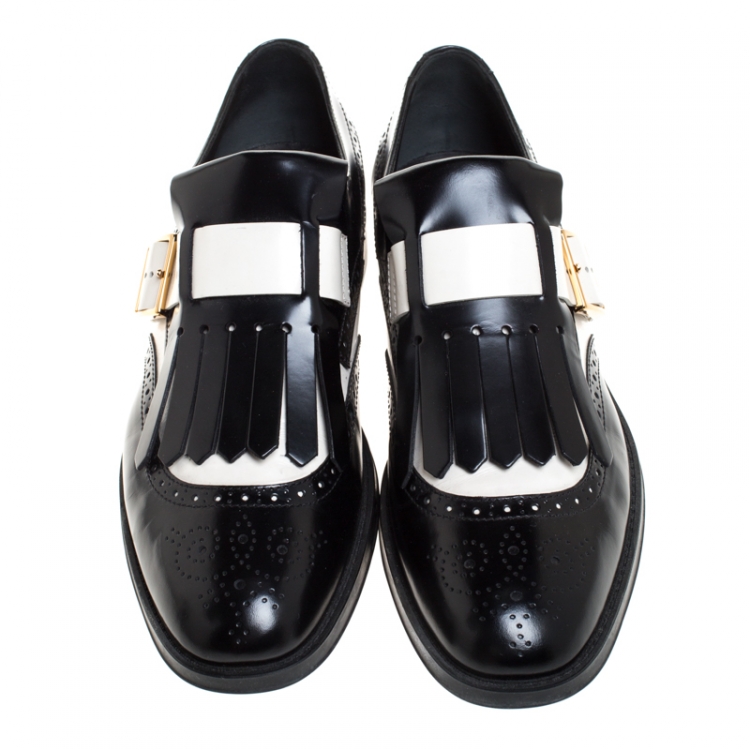 Pre Owned Tod's Black/White Leather Fringe Brogue Monk Strap Loafers Size 39