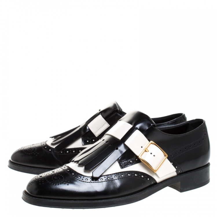 Pre Owned Tod's Black/White Leather Fringe Brogue Monk Strap Loafers Size 39