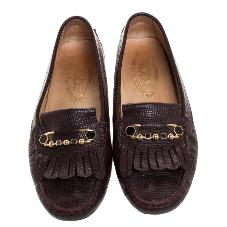 Pre Owned Tod's Brown Lizard Embossed Leather Fringe Slip On Loafers Size 36.5