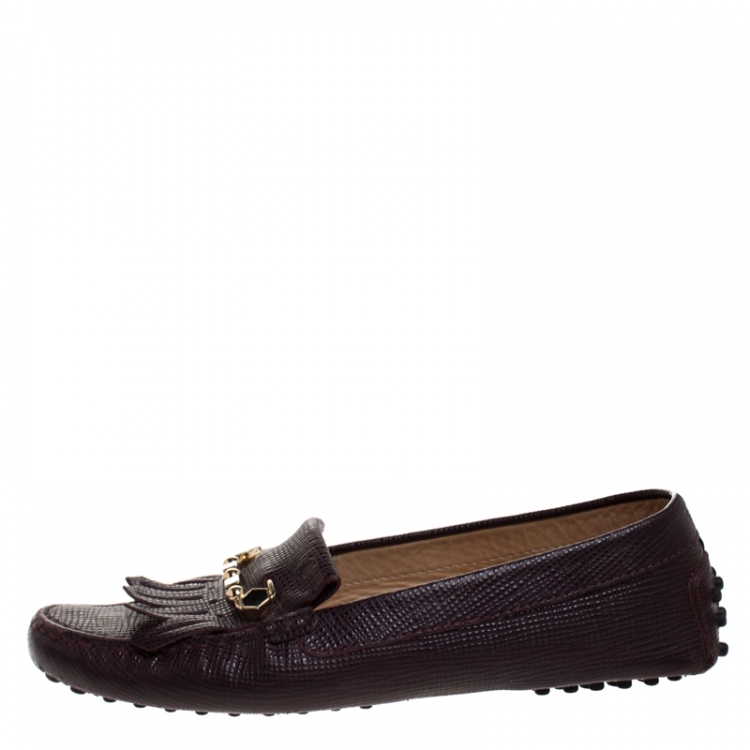 Pre Owned Tod's Brown Lizard Embossed Leather Fringe Slip On Loafers Size 36.5