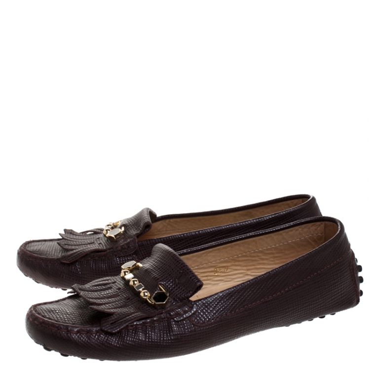 Pre Owned Tod's Brown Lizard Embossed Leather Fringe Slip On Loafers Size 36.5