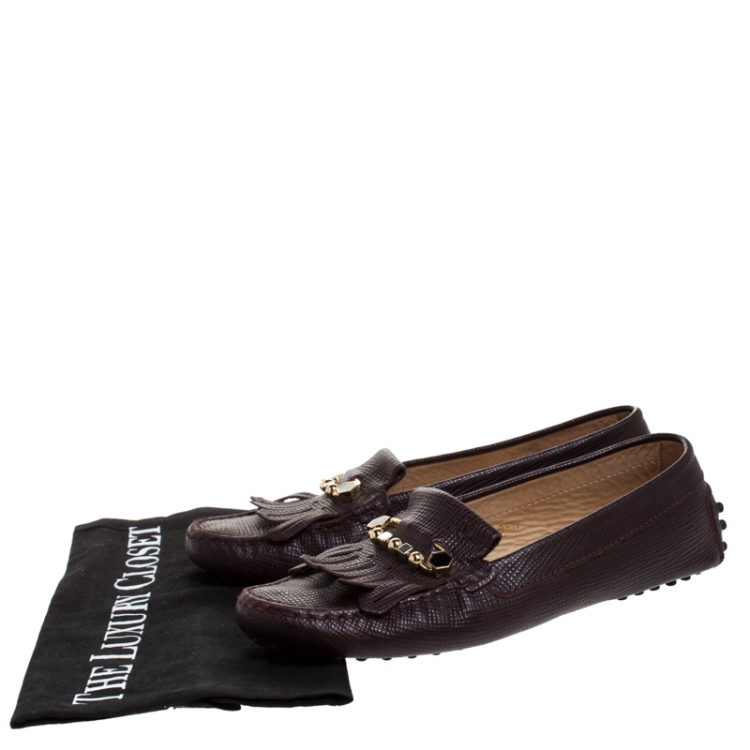 Pre Owned Tod's Brown Lizard Embossed Leather Fringe Slip On Loafers Size 36.5