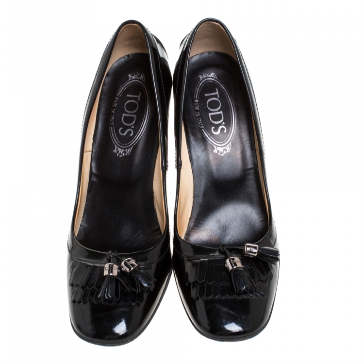 Pre Owned Tod's Black Patent Leather Fringe Tassel Pumps Size 38