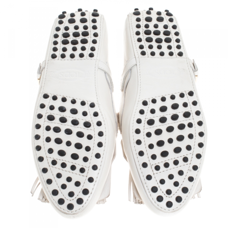 Pre Owned Tod's White Leather Gommino Fringe Loafers Size 36