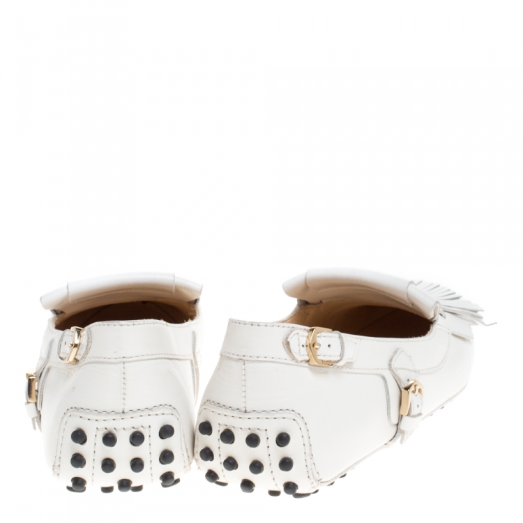 Pre Owned Tod's White Leather Gommino Fringe Loafers Size 36