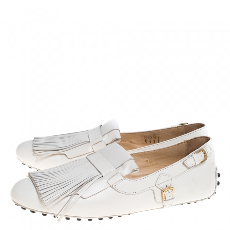 Pre Owned Tod's White Leather Gommino Fringe Loafers Size 36