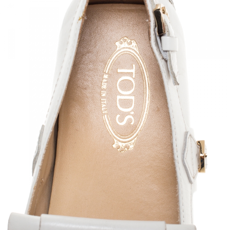 Pre Owned Tod's White Leather Gommino Fringe Loafers Size 36