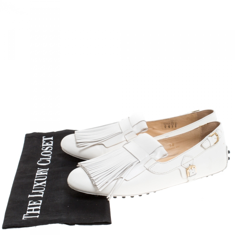 Pre Owned Tod's White Leather Gommino Fringe Loafers Size 36