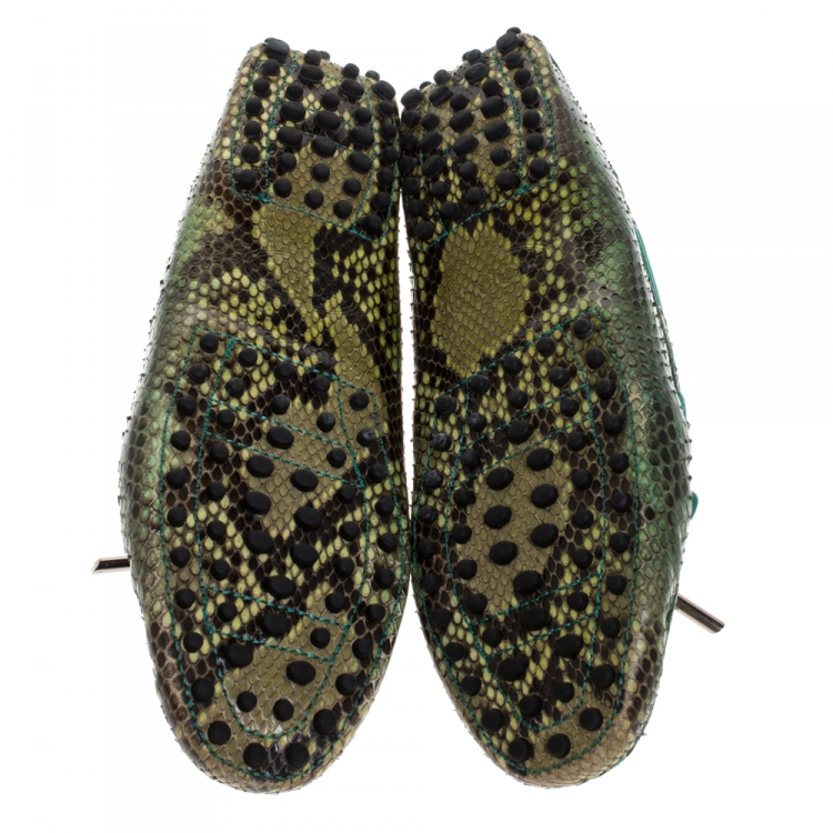 Pre Owned Tod's Green/Black Python Gommino Bow Loafers Size 40