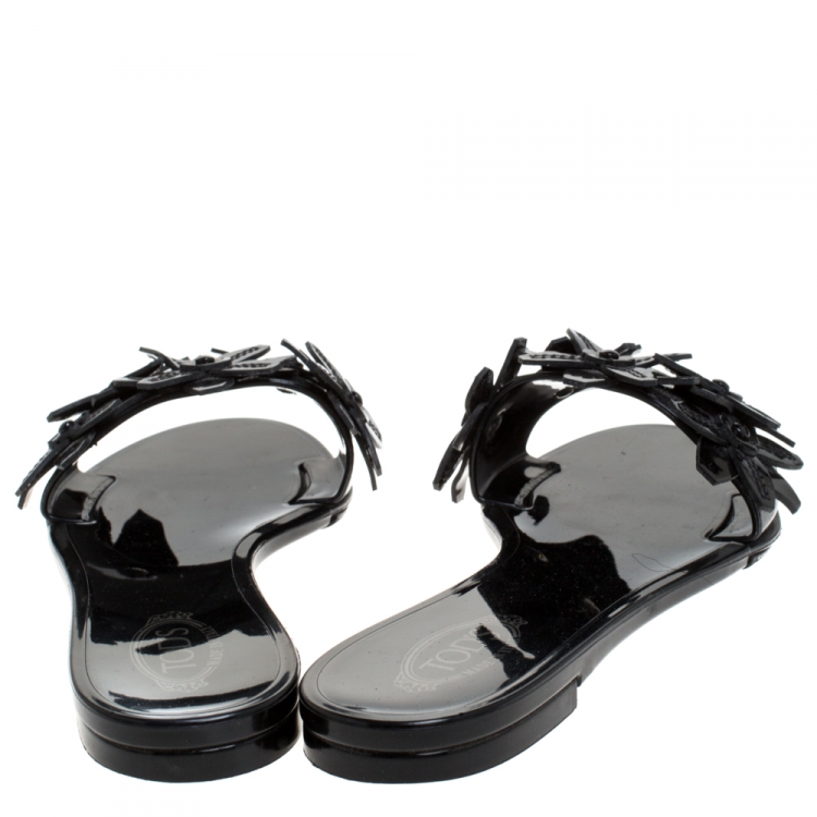 Pre Owned Tod's Black Floral Applique Patent Leather Slide Flats Size 37
