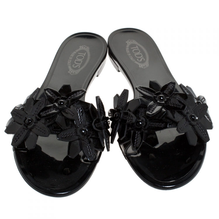 Pre Owned Tod's Black Floral Applique Patent Leather Slide Flats Size 37