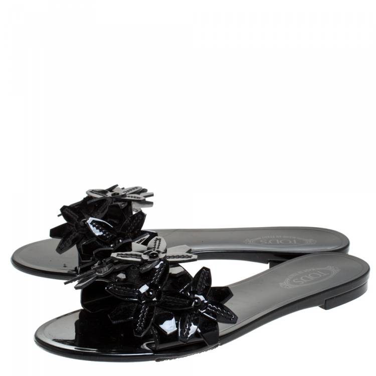 Pre Owned Tod's Black Floral Applique Patent Leather Slide Flats Size 37