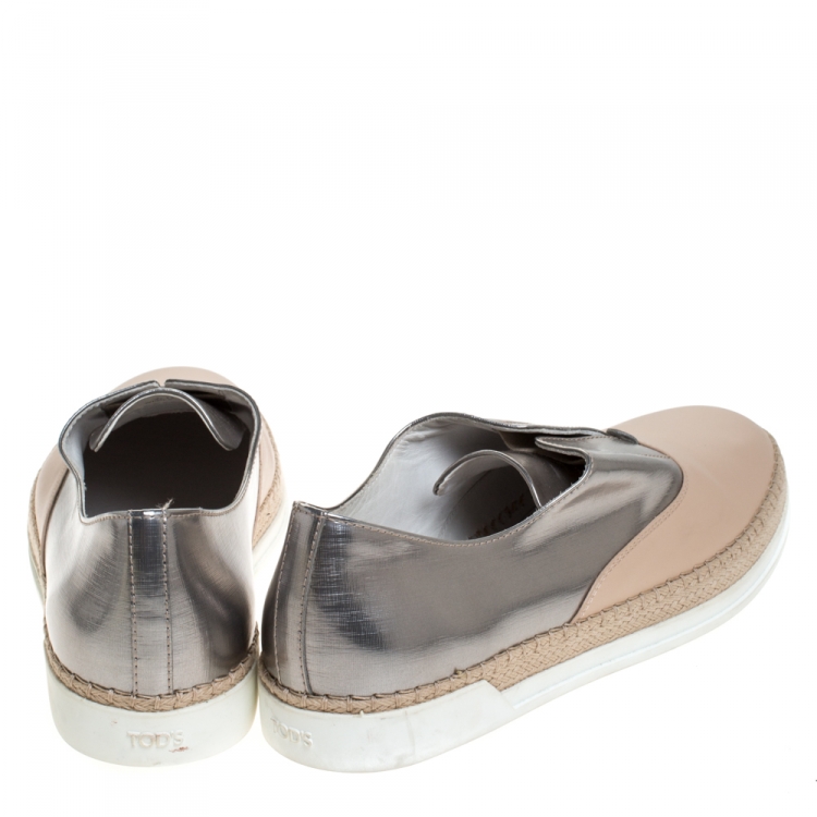 Pre Owned Tod's Pink/Silver Leather Francesina Espadrille Slip On Sneakers Size 40