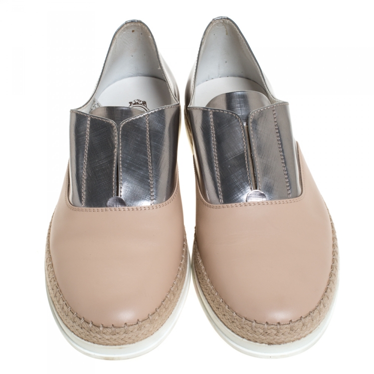 Pre Owned Tod's Pink/Silver Leather Francesina Espadrille Slip On Sneakers Size 40