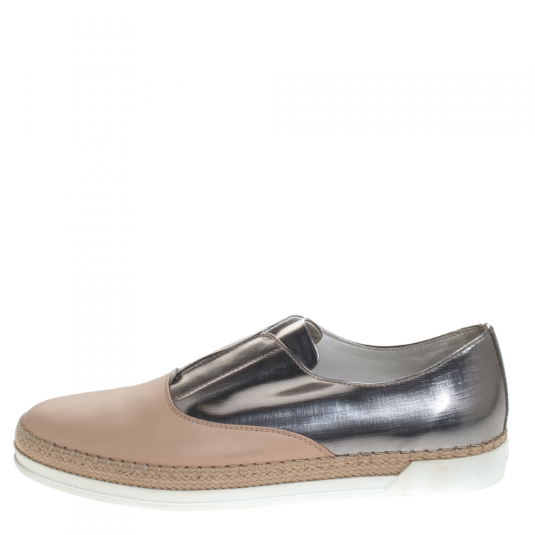 Pre Owned Tod's Pink/Silver Leather Francesina Espadrille Slip On Sneakers Size 40
