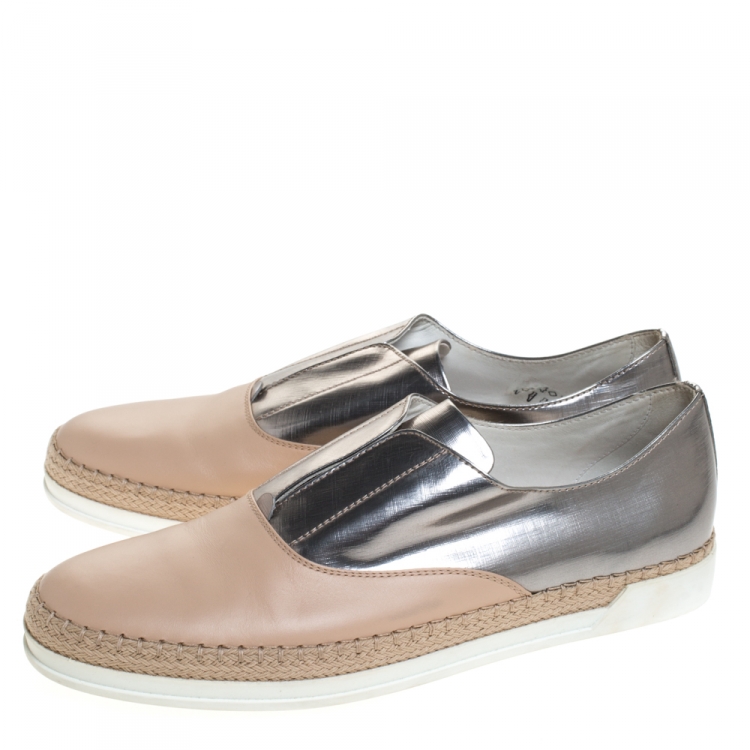 Pre Owned Tod's Pink/Silver Leather Francesina Espadrille Slip On Sneakers Size 40