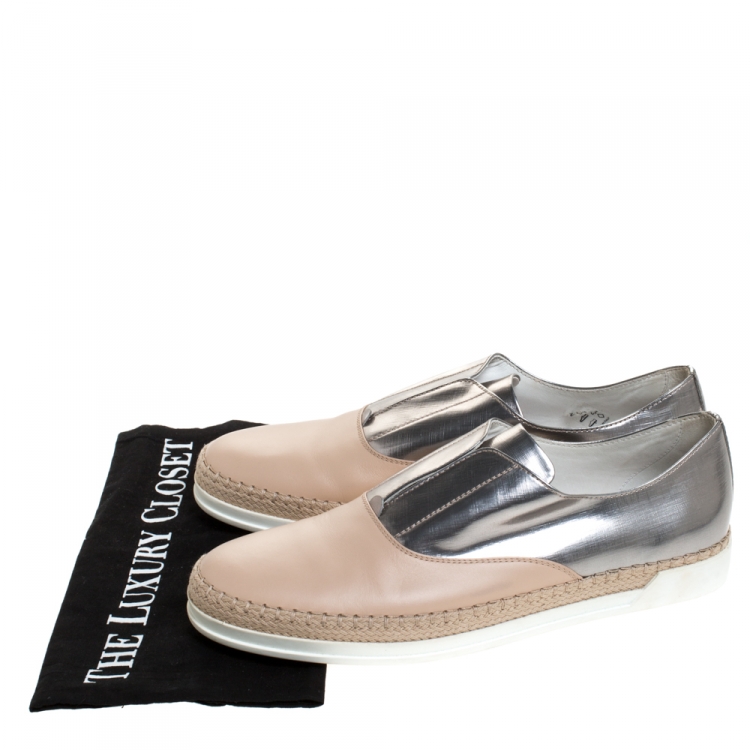 Pre Owned Tod's Pink/Silver Leather Francesina Espadrille Slip On Sneakers Size 40