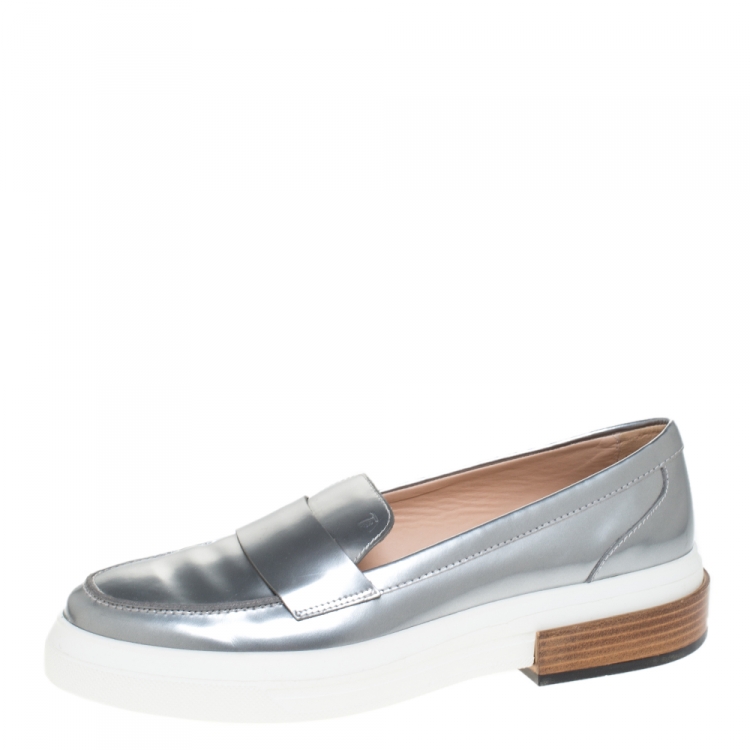 Pre Owned Tod's Metallic Silver Leather Slip On Loafer Sneakers Size 40
