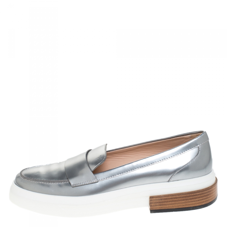 Pre Owned Tod's Metallic Silver Leather Slip On Loafer Sneakers Size 40