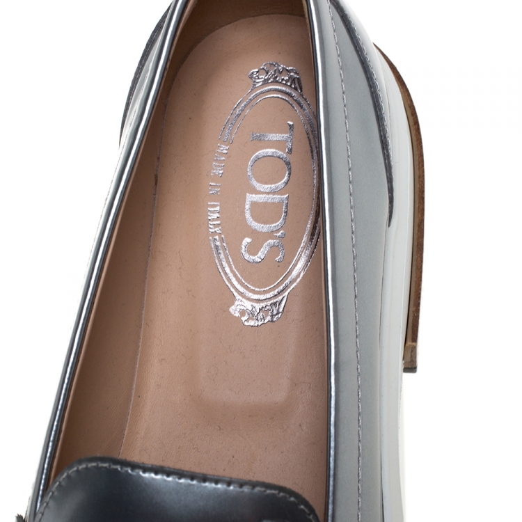 Pre Owned Tod's Metallic Silver Leather Slip On Loafer Sneakers Size 40