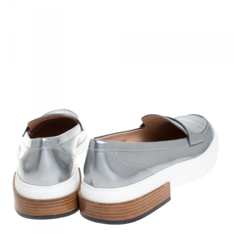 Pre Owned Tod's Metallic Silver Leather Slip On Loafer Sneakers Size 40