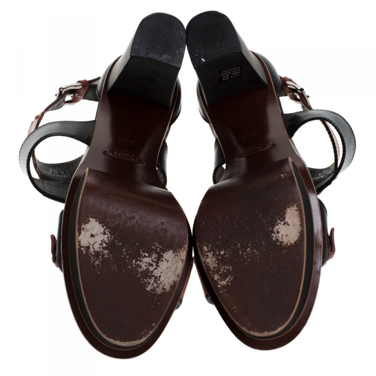 Pre Owned Tod's Black/Brown Leather Block Heel Platform Ankle Strap Sandals Size 36.5