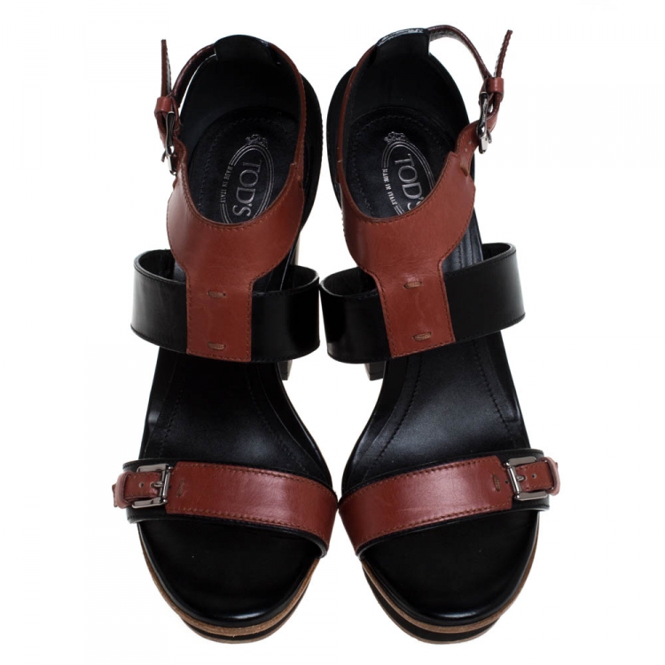 Pre Owned Tod's Black/Brown Leather Block Heel Platform Ankle Strap Sandals Size 36.5