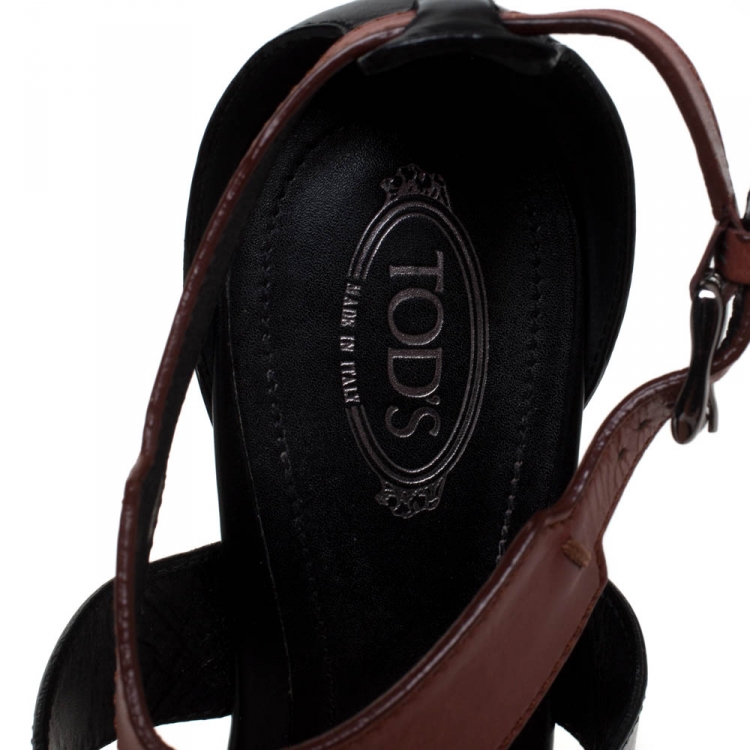 Pre Owned Tod's Black/Brown Leather Block Heel Platform Ankle Strap Sandals Size 36.5