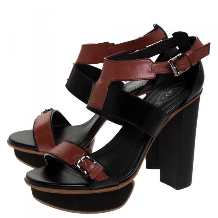Pre Owned Tod's Black/Brown Leather Block Heel Platform Ankle Strap Sandals Size 36.5