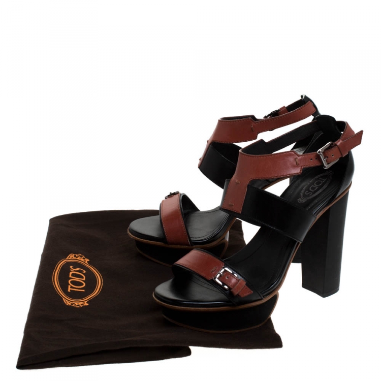 Pre Owned Tod's Black/Brown Leather Block Heel Platform Ankle Strap Sandals Size 36.5