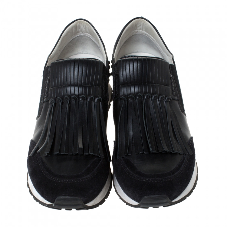 Pre Owned Tod's Black Leather and Suede Sportivo Fringed Sneakers Size 39.5