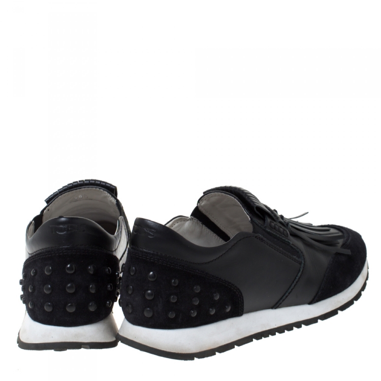 Pre Owned Tod's Black Leather and Suede Sportivo Fringed Sneakers Size 39.5