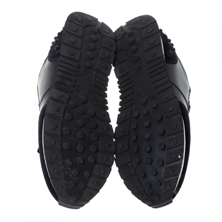 Pre Owned Tod's Black Leather and Suede Sportivo Fringed Sneakers Size 39.5