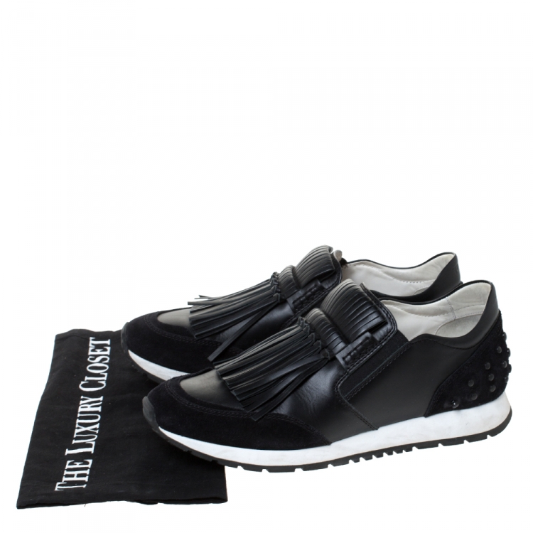 Pre Owned Tod's Black Leather and Suede Sportivo Fringed Sneakers Size 39.5