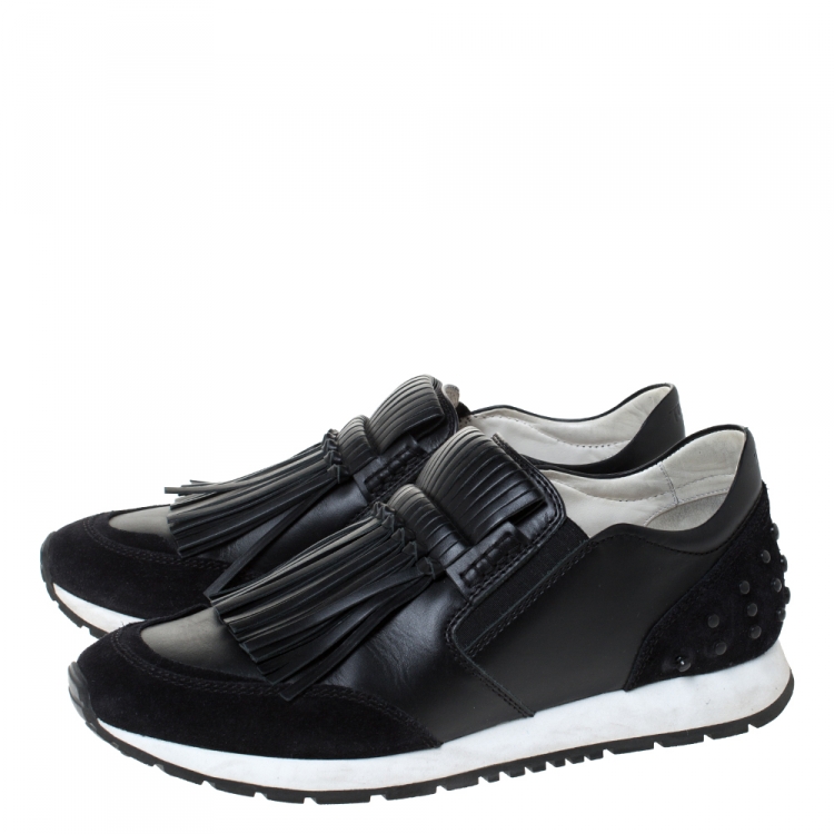 Pre Owned Tod's Black Leather and Suede Sportivo Fringed Sneakers Size 39.5