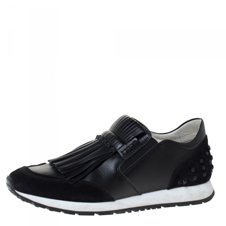 Pre Owned Tod's Black Leather and Suede Sportivo Fringed Sneakers Size 39.5