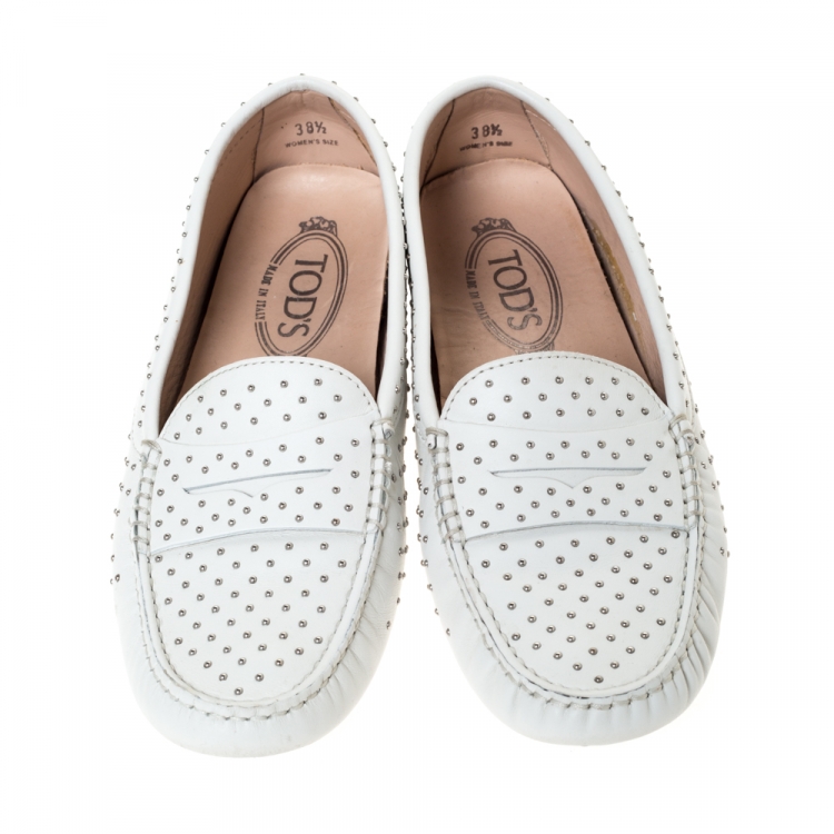 Pre Owned Tod’s White Leather Studded Penny Loafers Size 38.5