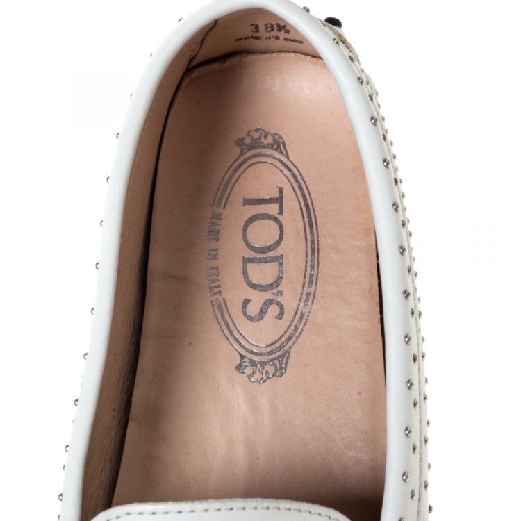 Pre Owned Tod’s White Leather Studded Penny Loafers Size 38.5