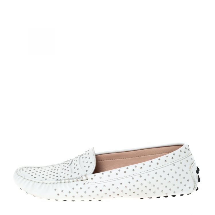 Pre Owned Tod’s White Leather Studded Penny Loafers Size 38.5