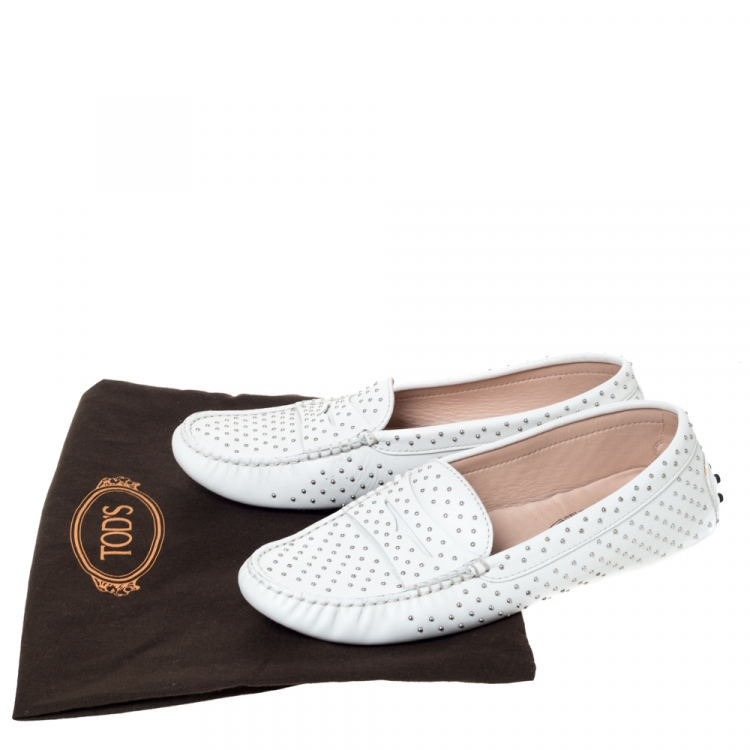 Pre Owned Tod’s White Leather Studded Penny Loafers Size 38.5