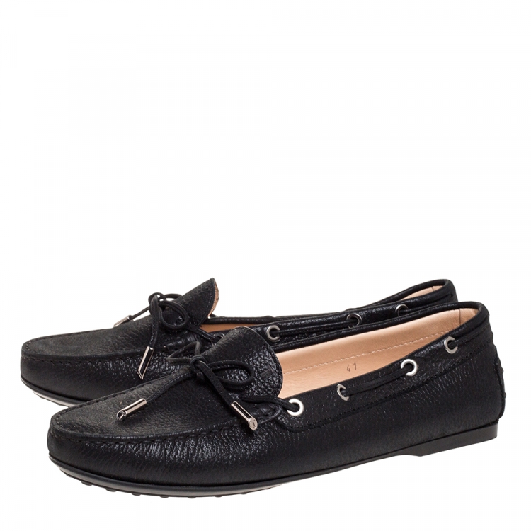 Pre Owned Tod's Black Leather Bow Slip On Loafers Size 41