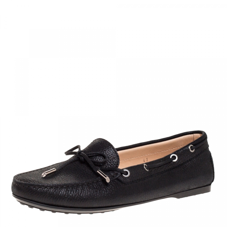 Pre Owned Tod's Black Leather Bow Slip On Loafers Size 41