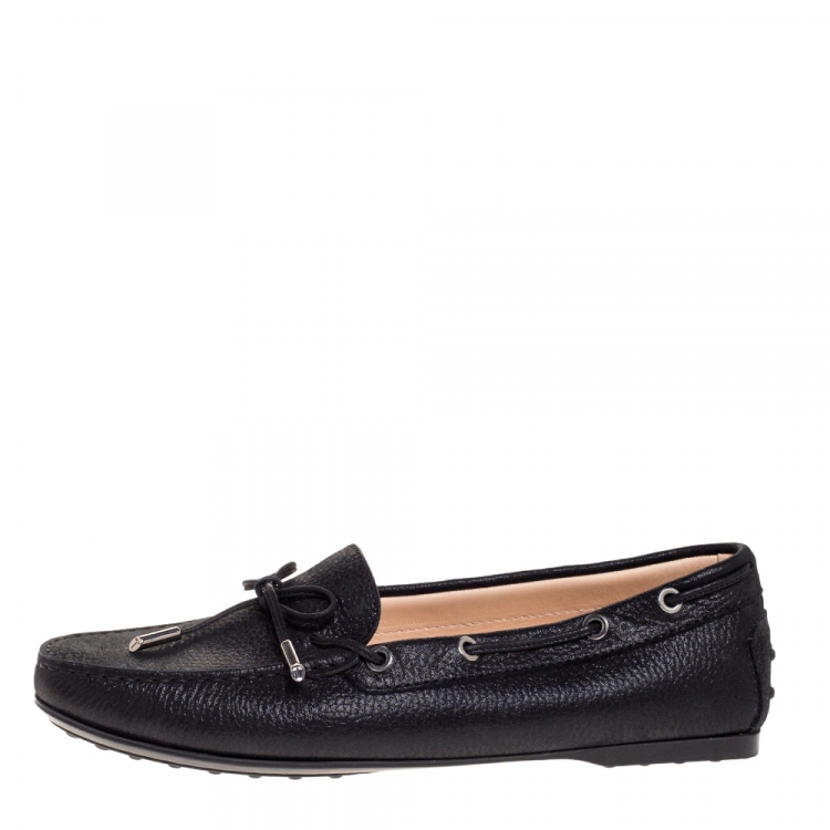 Pre Owned Tod's Black Leather Bow Slip On Loafers Size 41