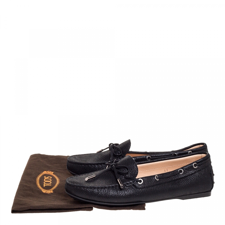 Pre Owned Tod's Black Leather Bow Slip On Loafers Size 41