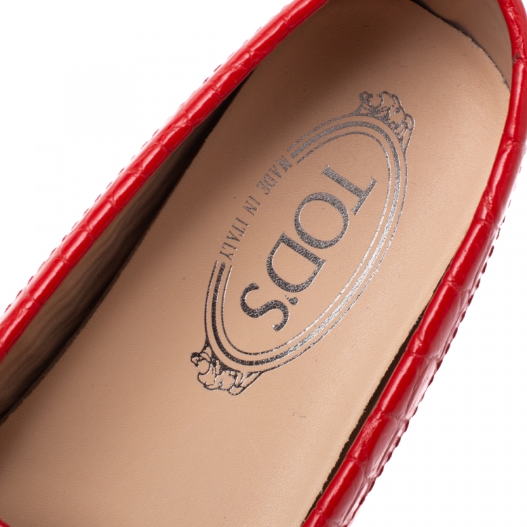 Pre Owned Tod's Red Croc Embossed Leather Penny Slip On Loafers Size 37.5
