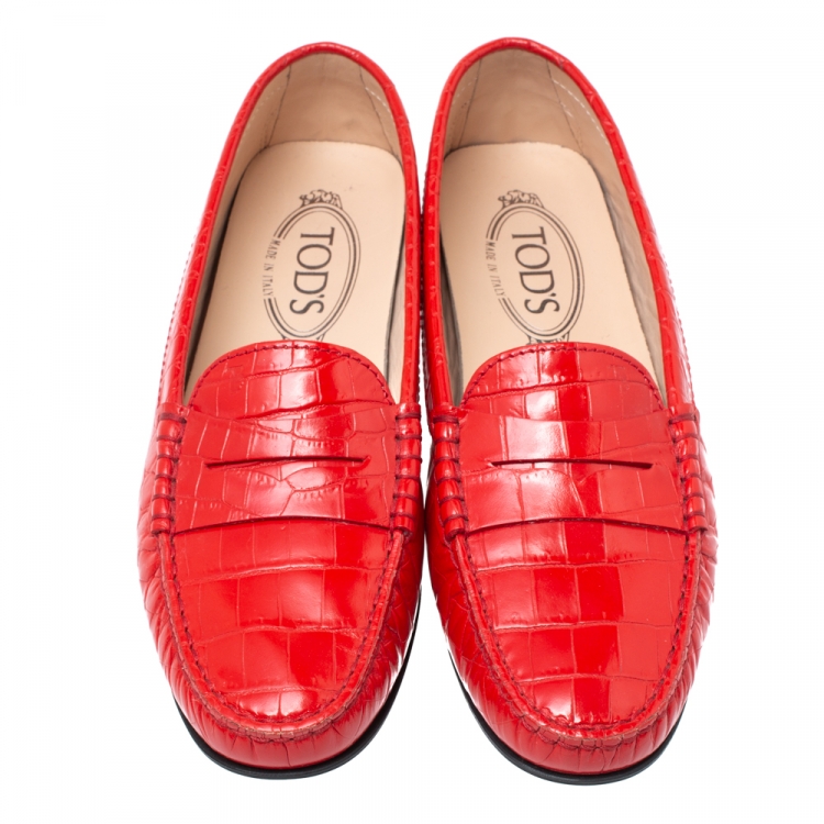 Pre Owned Tod's Red Croc Embossed Leather Penny Slip On Loafers Size 37.5